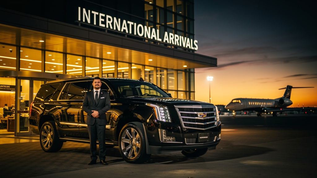 Premium black Cadillac Escalade at international arrivals terminal with private jet